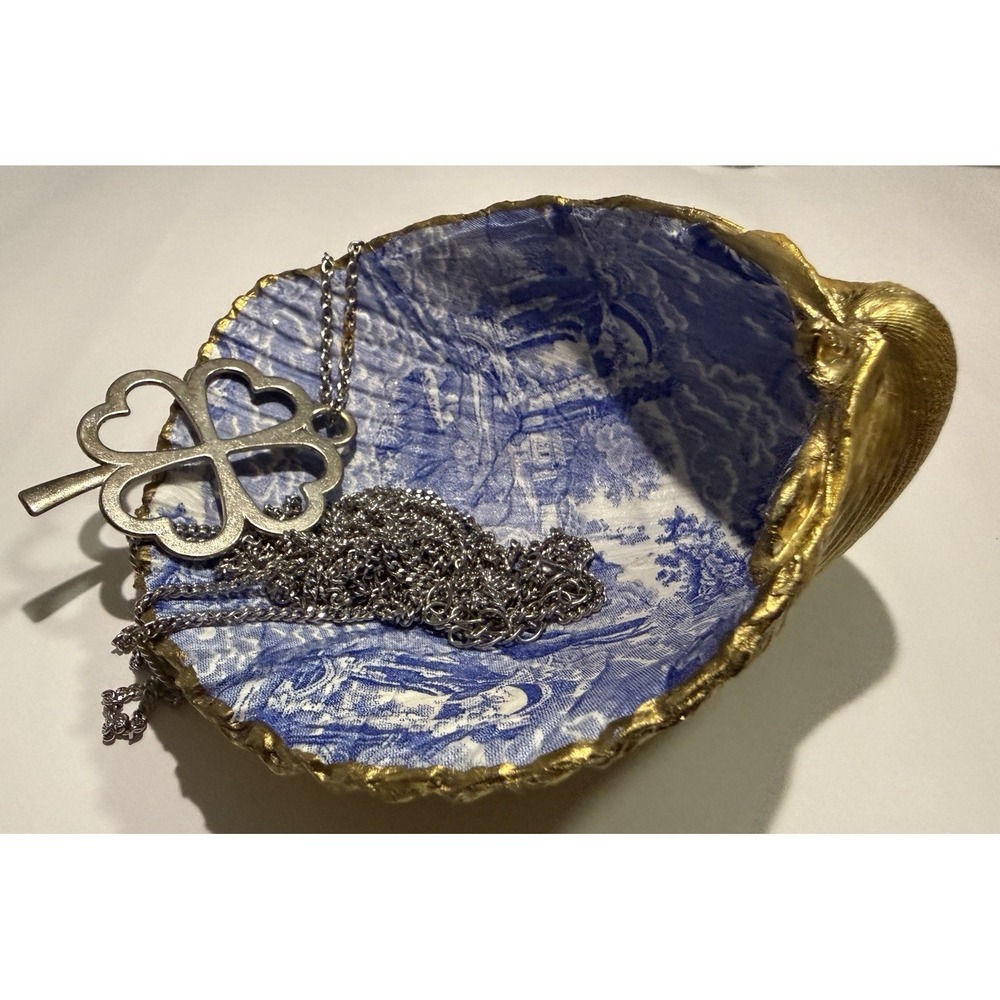Handmade Trinket Dish On An Atlantic Cockle Sea Shell Decoupaged European Scene